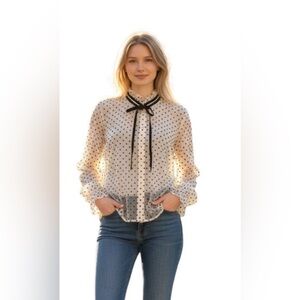LOFT Black Velvet Polka Dot Sheer Mesh Blouse